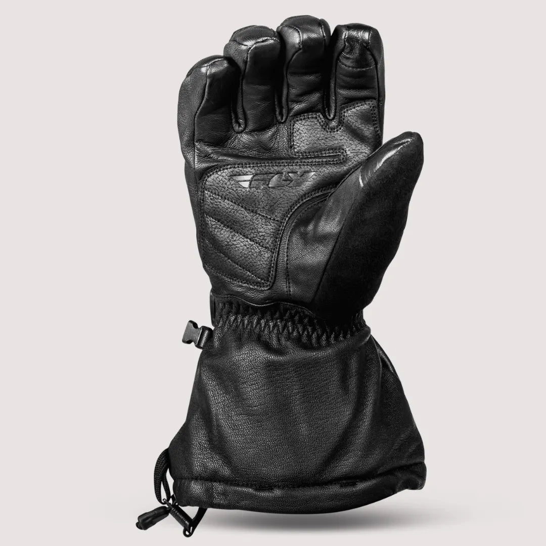 Fly Racing Glacier leather motorcycle gloves with adjustable orange cuff and thermal lining for warmth and comfort during rides.