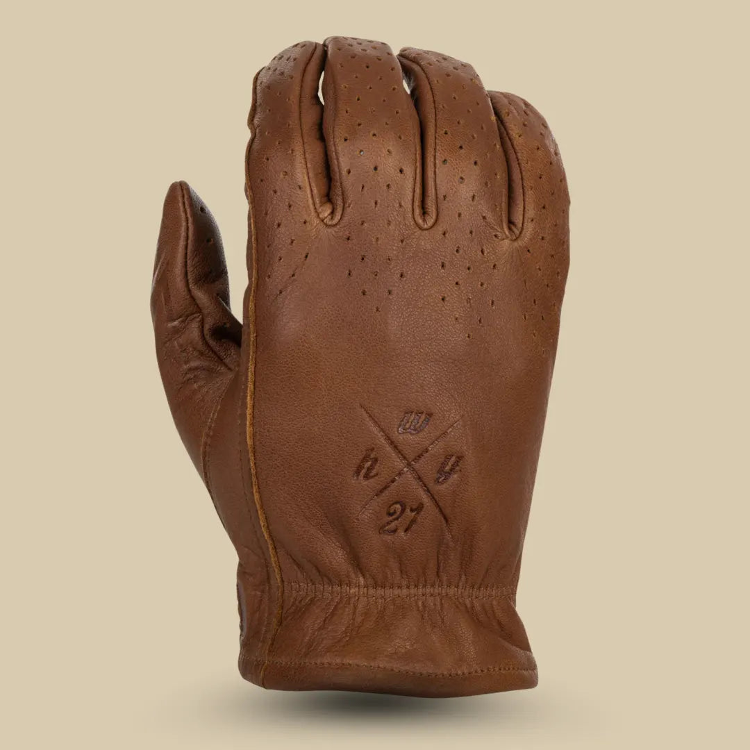 Back view of Highway 21 Louie perforated gloves Brown color showing cuff detail and leather finish
