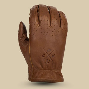 Back view of Highway 21 Louie perforated gloves Brown color showing cuff detail and leather finish