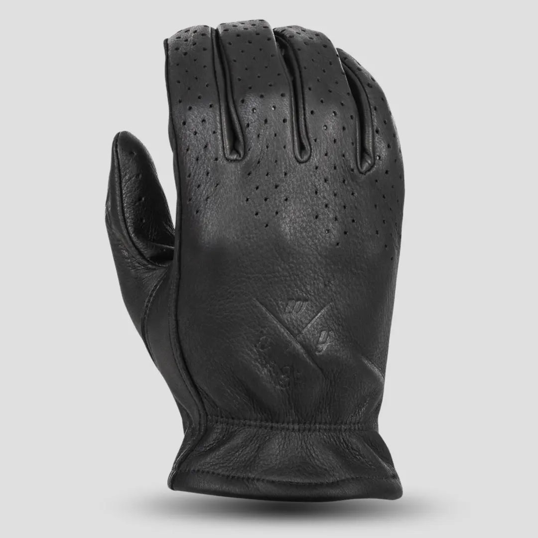 Back view of Highway 21 Louie perforated gloves black color showing cuff detail and leather finish
