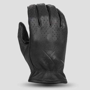 Back view of Highway 21 Louie perforated gloves black color showing cuff detail and leather finish