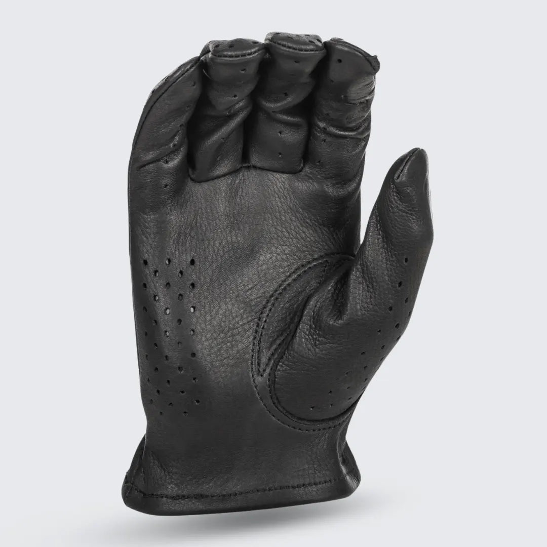 Highway 21 Louie perforated deerskin motorcycle gloves  Black color– front view with vintage tooled exterior