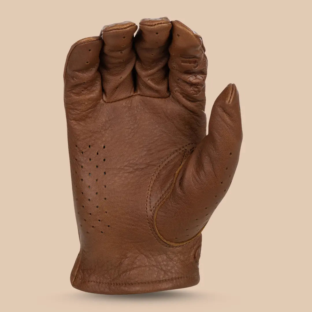 Highway 21 Louie perforated deerskin motorcycle gloves brown color – front view with vintage tooled exterior