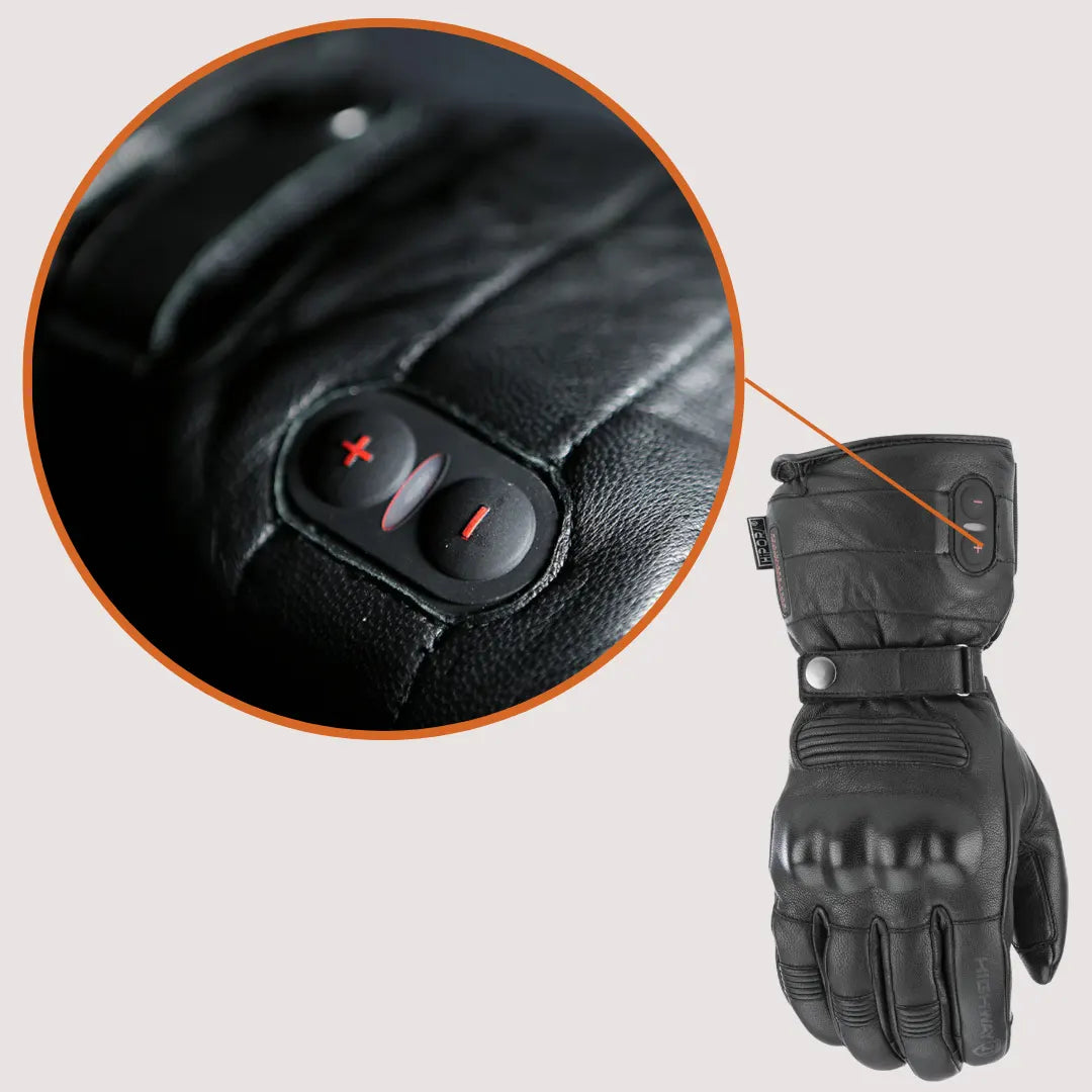 Close-up of heating control button on Highway 21 Radiant heated leather motorcycle glove