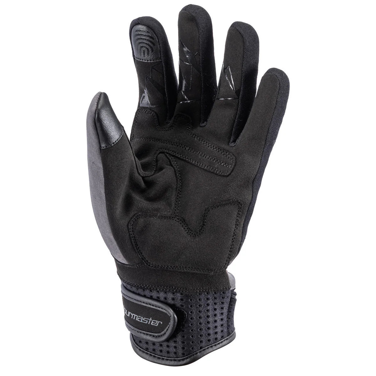 Tourmaster Storm Chaser waterproof motorcycle gloves, black and grey, front view with touchscreen compatible fingers.