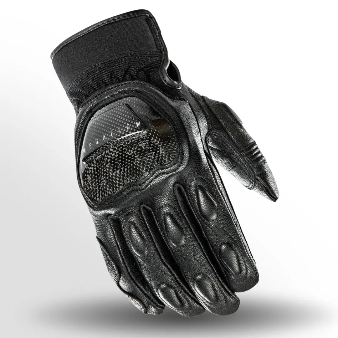 Joe Rocket Speedway Men’s Leather Motorcycle Gloves in Black — upside-down back view showing carbon knuckle protector and neoprene cuff