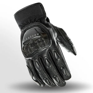 Joe Rocket Speedway Men’s Leather Motorcycle Gloves in Black — upside-down back view showing carbon knuckle protector and neoprene cuff