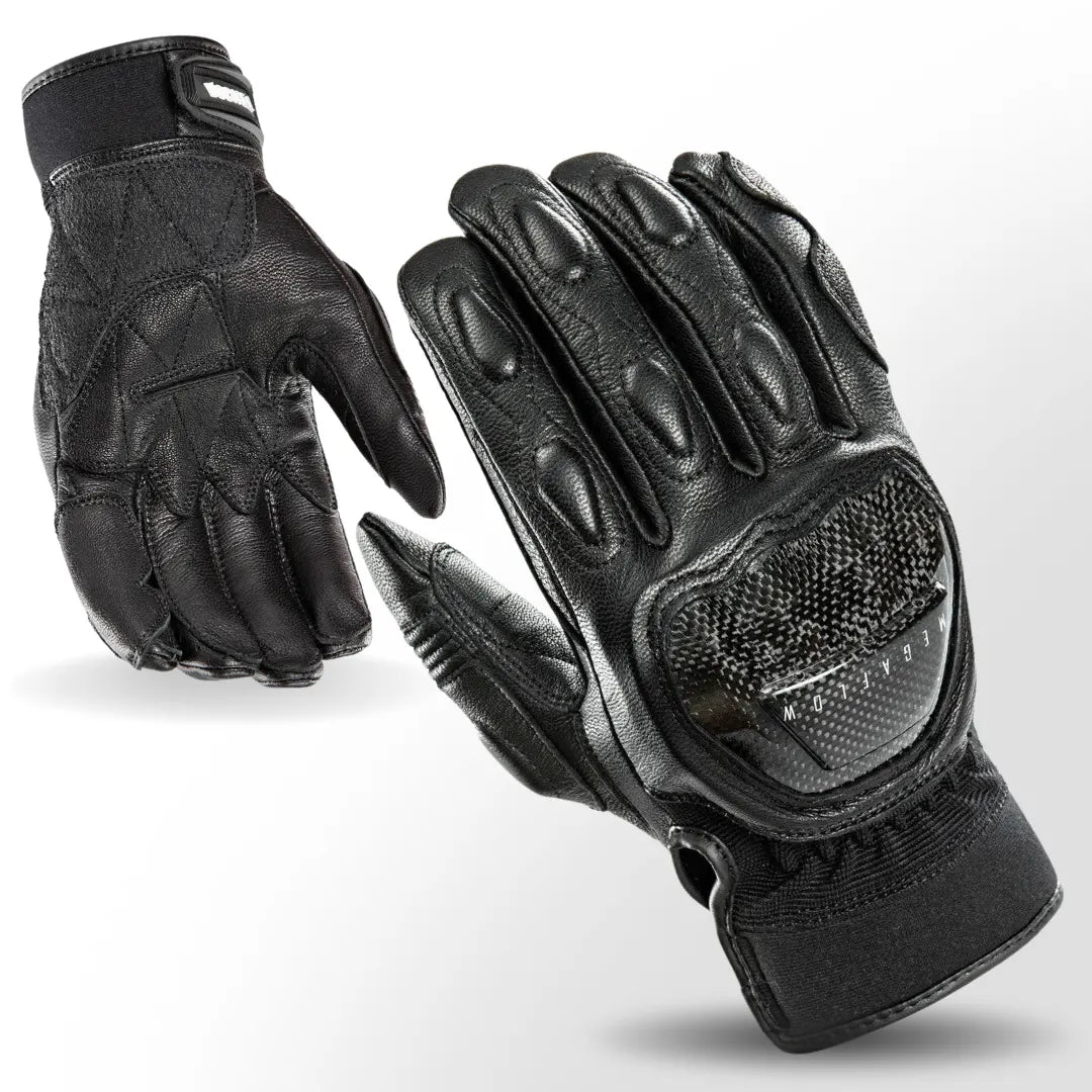Joe Rocket Speedway Men’s Leather Motorcycle Gloves in Black — front-back view highlighting carbon vented knuckles and double leather padded palm