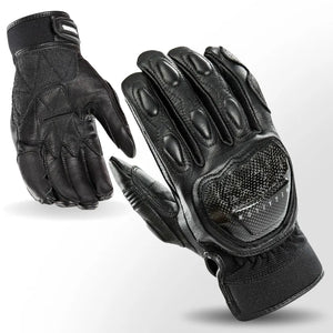 Joe Rocket Speedway Men’s Leather Motorcycle Gloves in Black — front-back view highlighting carbon vented knuckles and double leather padded palm