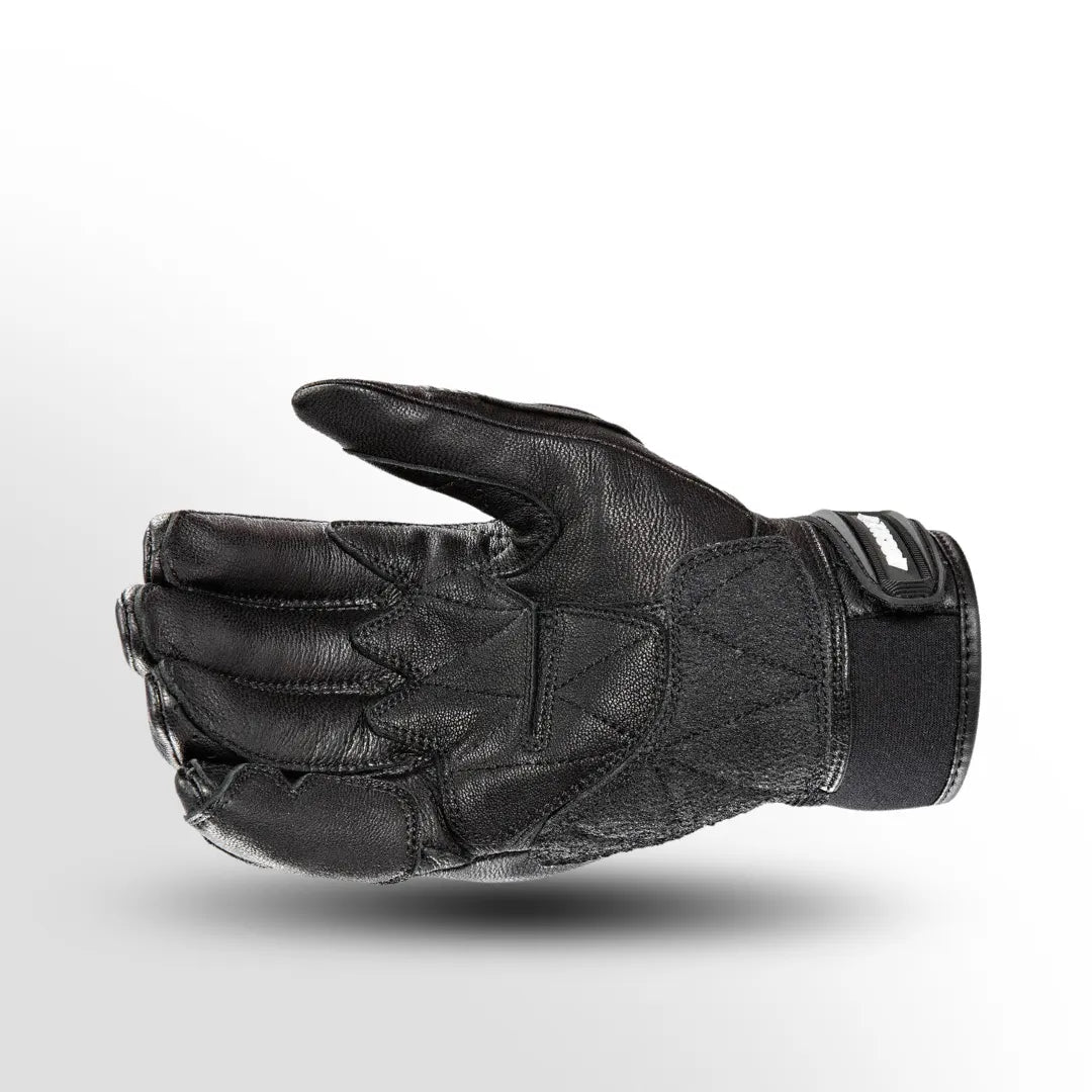 Joe Rocket Speedway Men’s Leather Motorcycle Gloves in Black — side front view detailing padded fingertip protectors, thumb flex panel, and secure hook-and-loop wrist closure