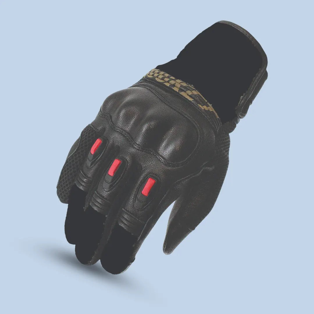 Joe Rocket Seeker motorcycle gloves in black leather with red accents and knuckle armor – angled front view