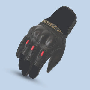 Joe Rocket Seeker motorcycle gloves in black leather with red accents and knuckle armor – angled front view