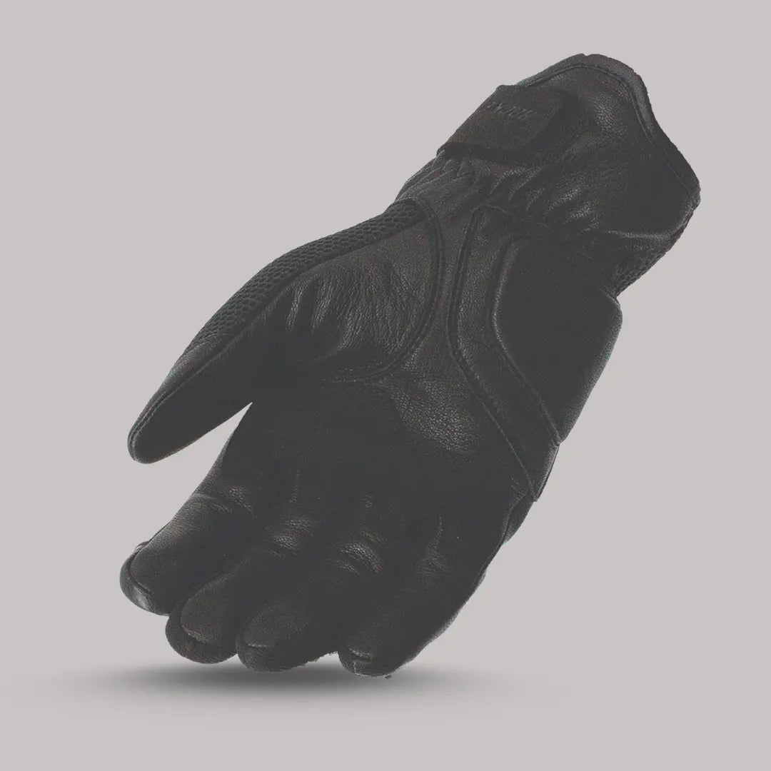 Joe Rocket Seeker motorcycle gloves in black leather – palm view with reinforced grip and stretch wrist