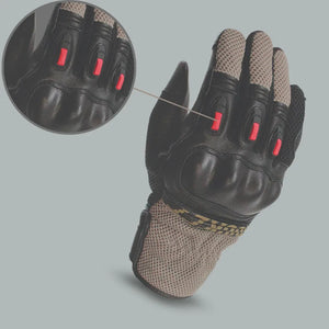 Joe Rocket Seeker gloves showing reinforced palm design and red knuckle protectors – detail and full view