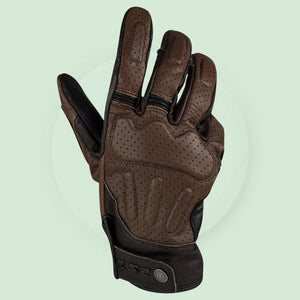 Back view of LS2 Rust gloves showing wrist strap and layered vintage leather design