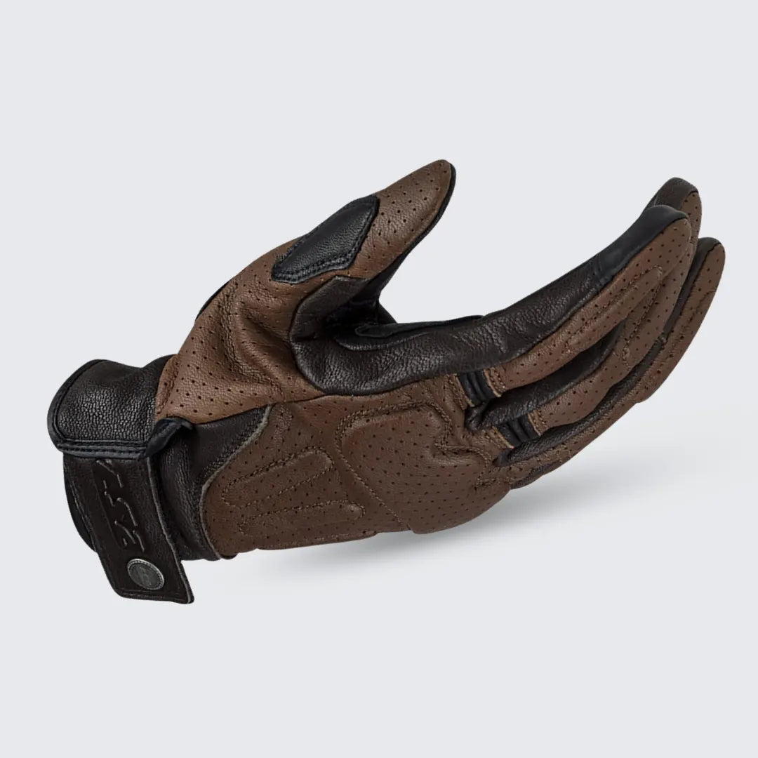 Palm view of LS2 Rust motorcycle gloves highlighting reinforced palm slider and goatskin leather texture