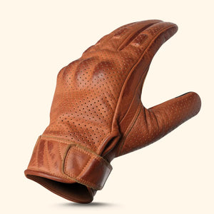 Premium brown leather perforated motorcycle gloves for men, featuring a stylish waxed finish for durability and breathability