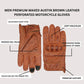 Infographic showing the features of premium brown leather perforated motorcycle gloves, including waxed finish, ventilation, and adjustable wrist strap.