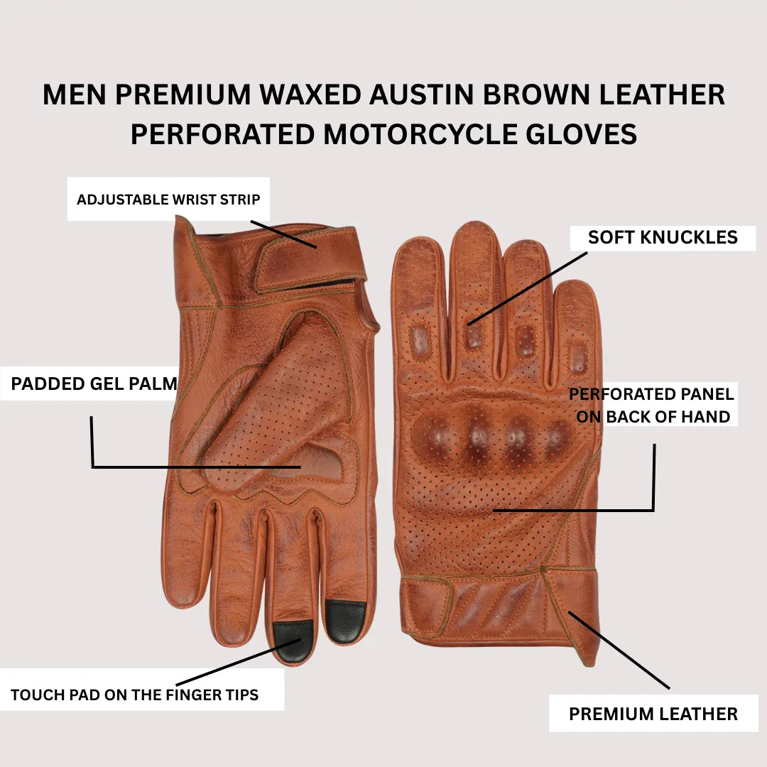 Infographic showing the features of premium brown leather perforated motorcycle gloves, including waxed finish, ventilation, and adjustable wrist strap.