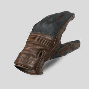 Denim Leather Motorcycle Gloves Brown Black color gloves back side with griper  