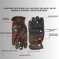 Infographic showing features of brown denim leather motorcycle gloves, including touchscreen capability, knuckle protection, and durable materials