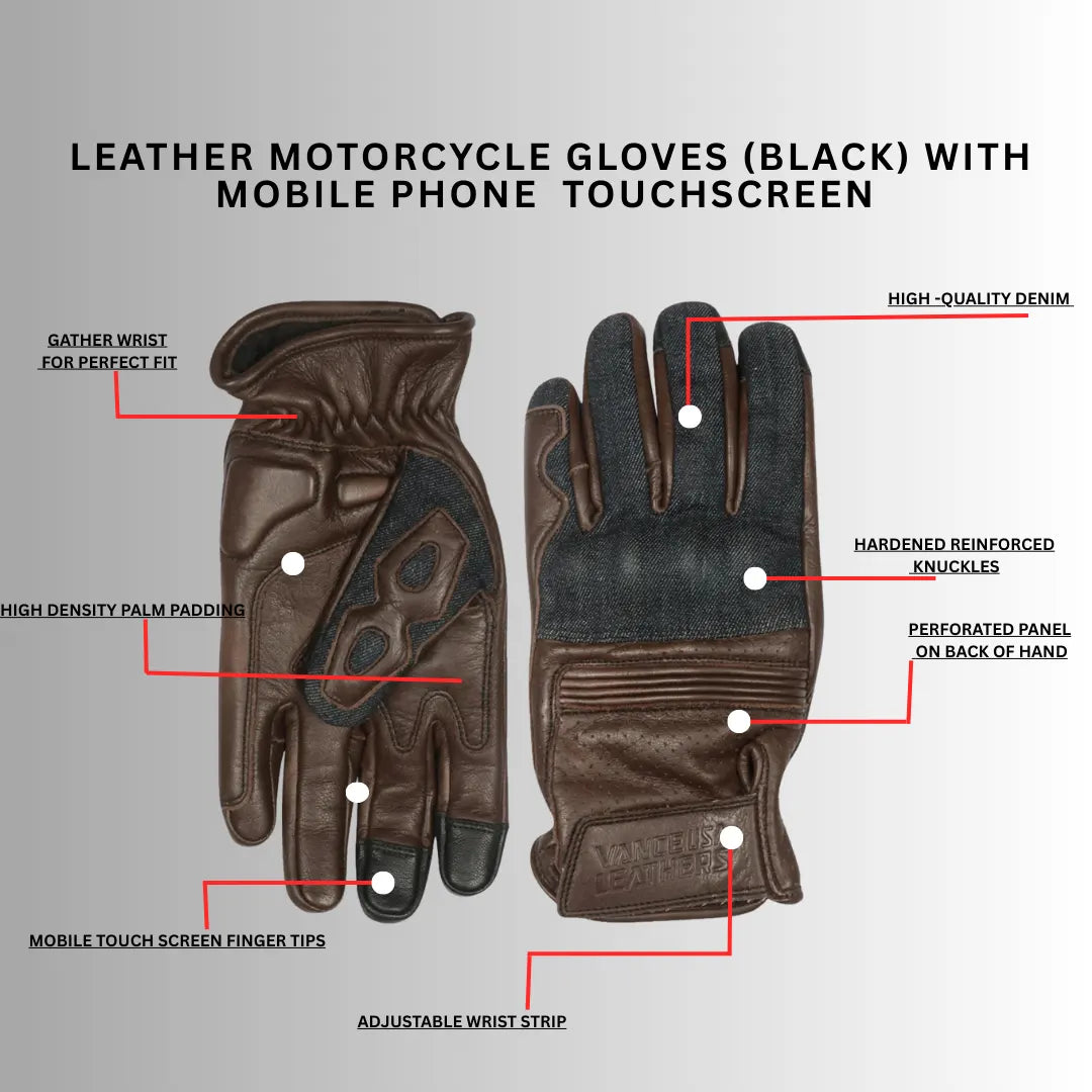 Infographic showing features of brown denim leather motorcycle gloves, including touchscreen capability, knuckle protection, and durable materials