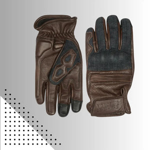 Brown denim leather motorcycle gloves with mobile phone touchscreen compatibility, designed for comfort and protection on the road