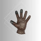 Palm view of brown denim leather motorcycle glove showing mobile phone touchscreen functionality and protective design