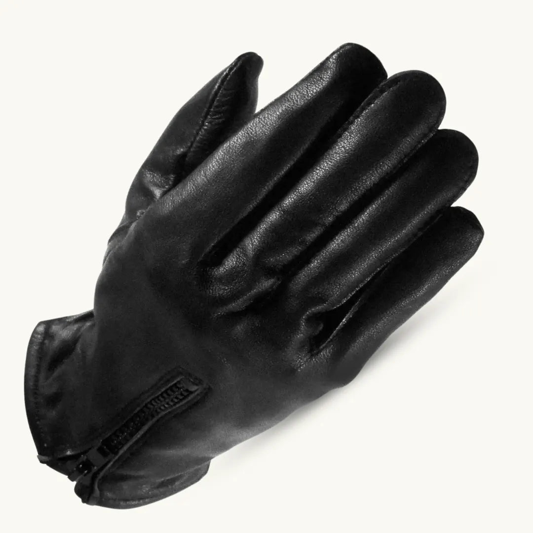 MG GL2055 men’s black insulated leather biker gloves front view with thick warm lining