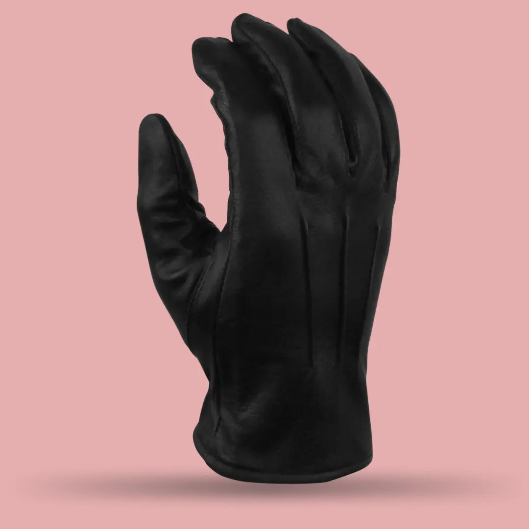 Back detail of MG GL2056 lined biker leather gloves showing fine cowhide texture and reinforced stitching