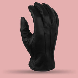 Back detail of MG GL2056 lined biker leather gloves showing fine cowhide texture and reinforced stitching