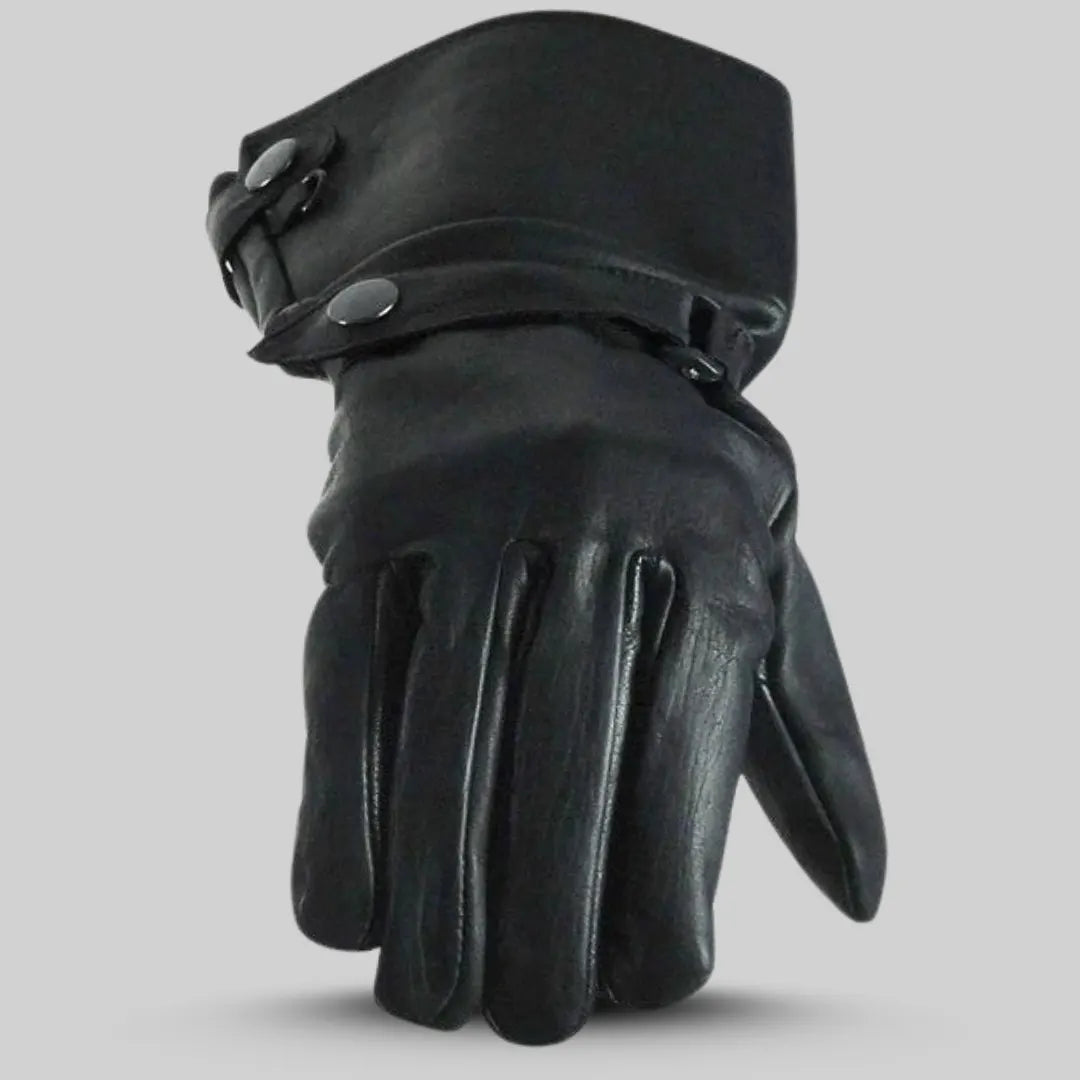 Back detail of GL2064 lined leather gauntlet gloves showing classic button-adorned cuff and premium leather finish shop online with MG Store USA