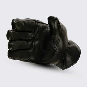 Women’s black cowhide leather motorcycle glove with silver zipper – MG GL2081 front view