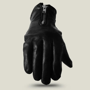 GL2081 women’s cowhide leather motorcycle glove, black with silver zipper – angled palm view