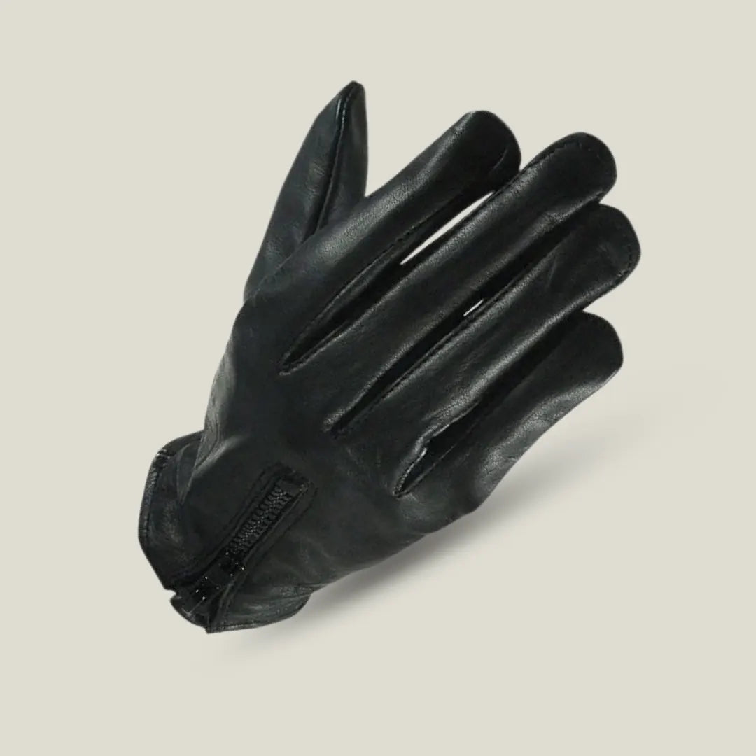 Women’s summer black cowhide leather motorcycle glove  GL2083 with zipper – angled top view