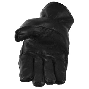 Close-up of MG GL2083 black cow leather motorcycle glove featuring a functional silver zipper on the wrist cuff & Palm Padding