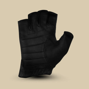 MG GL2090 Men’s Black Gel Palm Perforated Fingerless Biker Leather Gloves — front view with perforated leather design, gel palm inserts, and adjustable Velcro wrist strap on neutral skin-toned backdrop