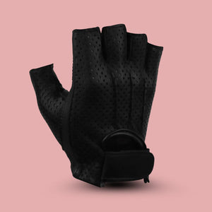 MG GL2090 Men’s Black Gel Palm Perforated Fingerless Biker Leather Gloves — back view highlighting breathable perforation and rugged fingerless design on soft pink background