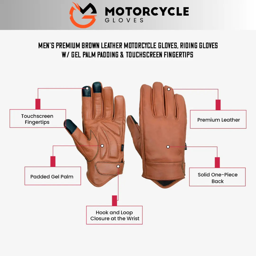 Diagram illustrating features of Vance Leather brown leather motorcycle gloves by Mg including touchscreen, gel palm padding, and adjustable wrist closure.