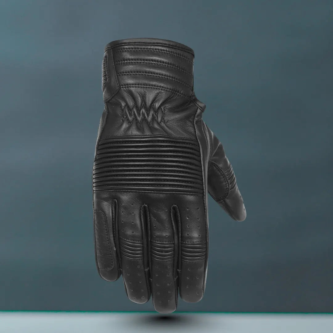 MG Leathers The Scrapper Men’s Mid-Length Leather Gloves in Black — Stretch Panels & Touchscreen Fingertips with blue background