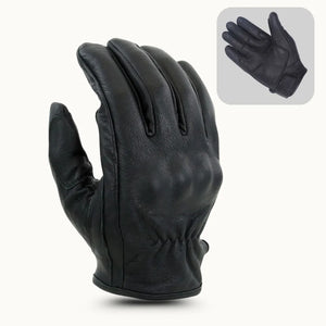 Buy men’s black cowhide leather knuckle-armoured riding gloves front view with reinforced knuckles with MG