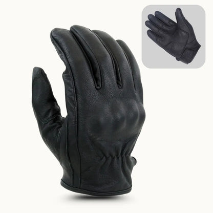 Buy men’s black cowhide leather knuckle-armoured riding gloves front view with reinforced knuckles with MG