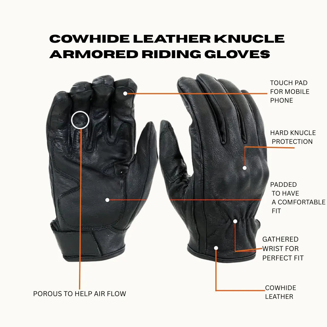 Details Hilight from front and back  of men’s knuckle-armoured leather gloves  Touchpad, hard knucle, padded gathered wrist cowhide leather , porous to help air flow 