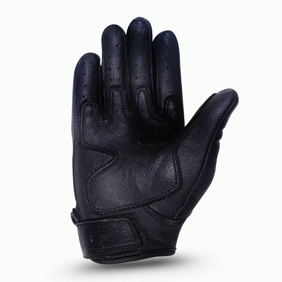 Side profile of MG men’s cowhide leather riding gloves highlighting stitching and fit