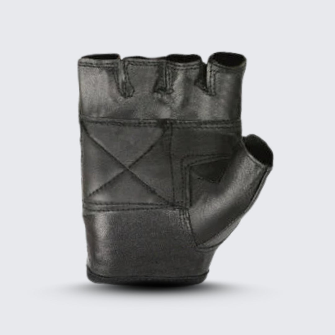 Black leather fingerless motorcycle glove showing back stitches, elastic wrist strap, and durable top-grain leather construction for style and comfort.