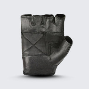 Black leather fingerless motorcycle glove showing back stitches, elastic wrist strap, and durable top-grain leather construction for style and comfort.