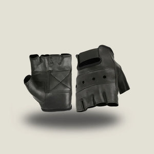 Men’s leather fingerless motorcycle glove in black top-grain leather with gel-padded palm, elastic wrist, and hook-and-loop closure for vibration reduction