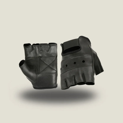 Men’s leather fingerless motorcycle glove in black top-grain leather with gel-padded palm, elastic wrist, and hook-and-loop closure for vibration reduction