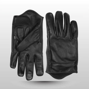 Men’s Black Gel Palm Riding Leather Gloves — flat lay of pair showing front and back details with gel palm protection and premium leather design