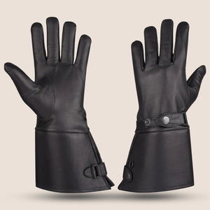 Men's thermal-lined leather gauntlet gloves with snap wrist and cuff, providing ultimate warmth, protection, and comfort for motorcycle riders in cold weather